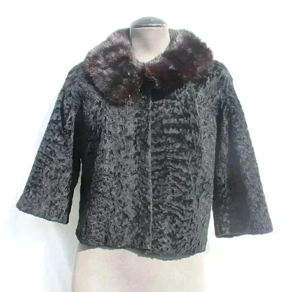 VTG RETRO 1970s Black Retro Swirl  Short Waisted Cocktail Fur Collar Coat Jacket - Picture 2 of 10
